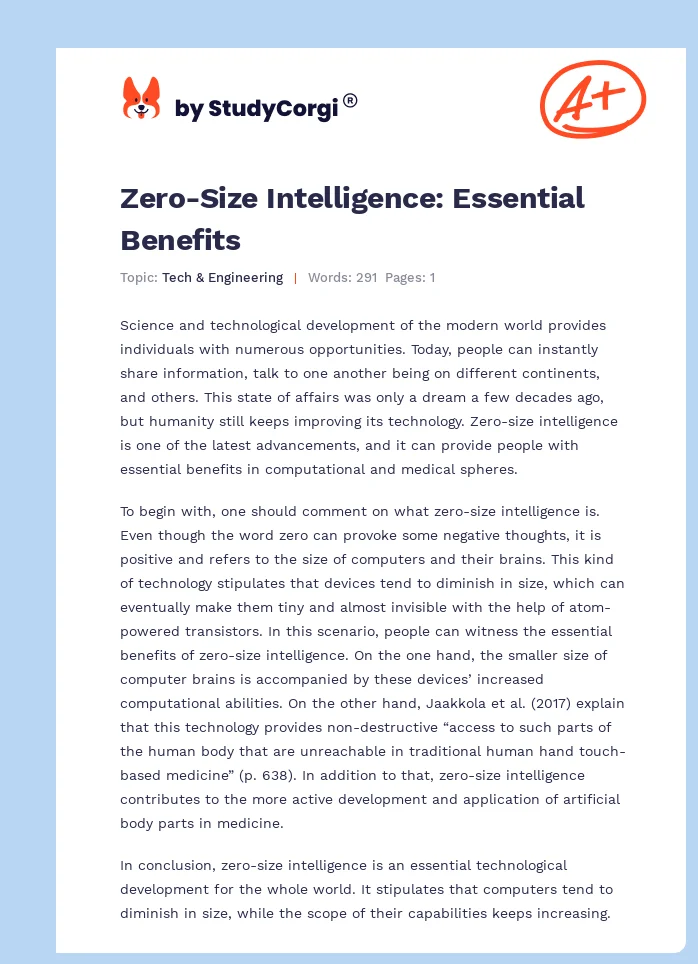 Zero-Size Intelligence: Essential Benefits. Page 1