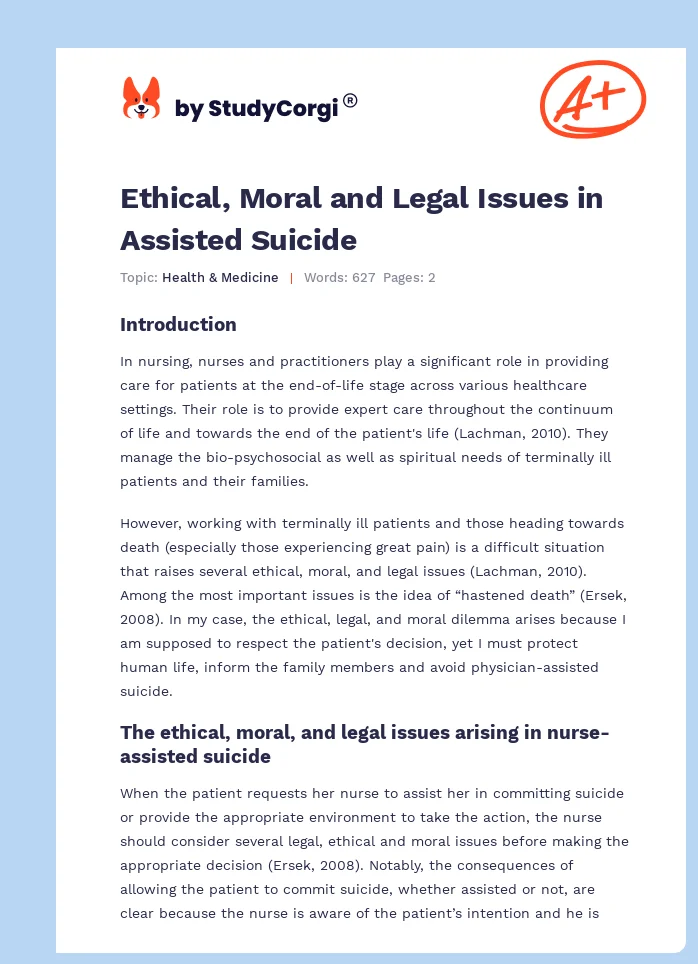 Ethical, Moral and Legal Issues in Assisted Suicide. Page 1
