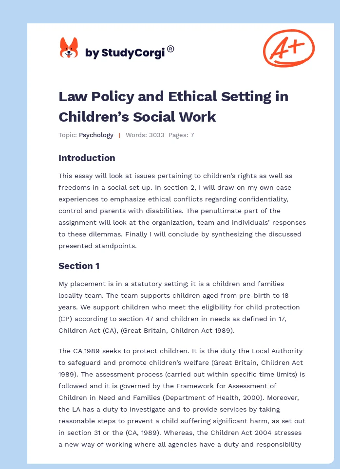 Law Policy and Ethical Setting in Children’s Social Work. Page 1
