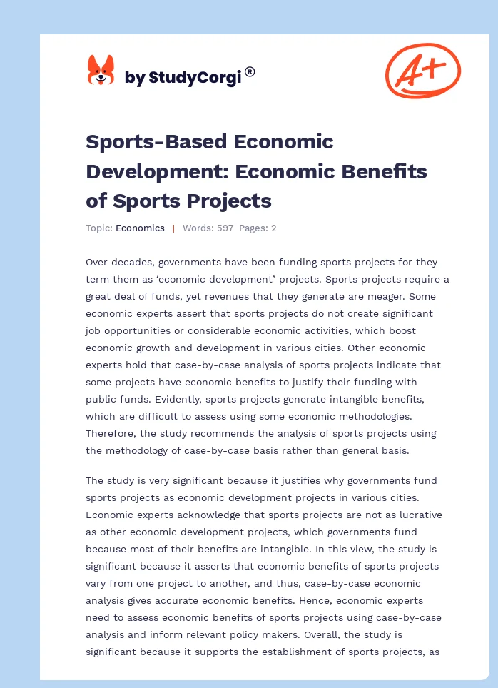 Sports-Based Economic Development: Economic Benefits of Sports Projects. Page 1