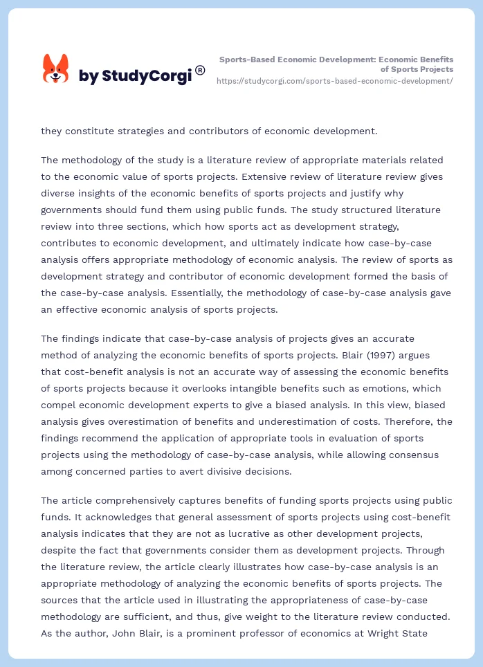 Sports-Based Economic Development: Economic Benefits of Sports Projects. Page 2