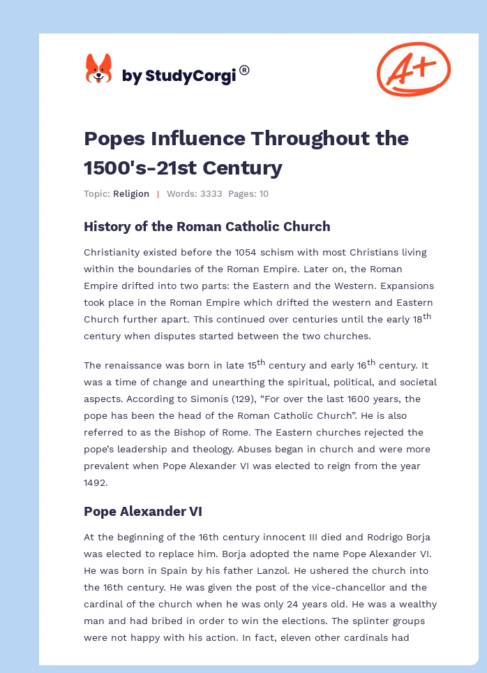 Popes Influence Throughout the 1500's-21st Century. Page 1