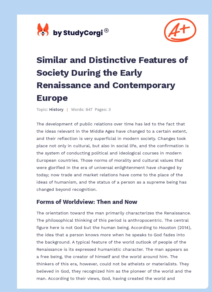Similar and Distinctive Features of Society During the Early Renaissance and Contemporary Europe. Page 1