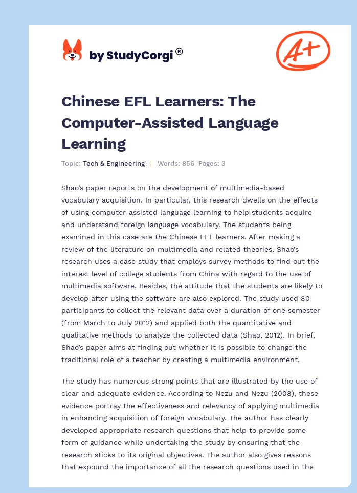 Chinese EFL Learners: The Computer-Assisted Language Learning. Page 1