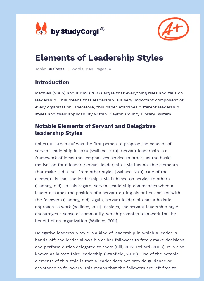 Elements of Leadership Styles. Page 1