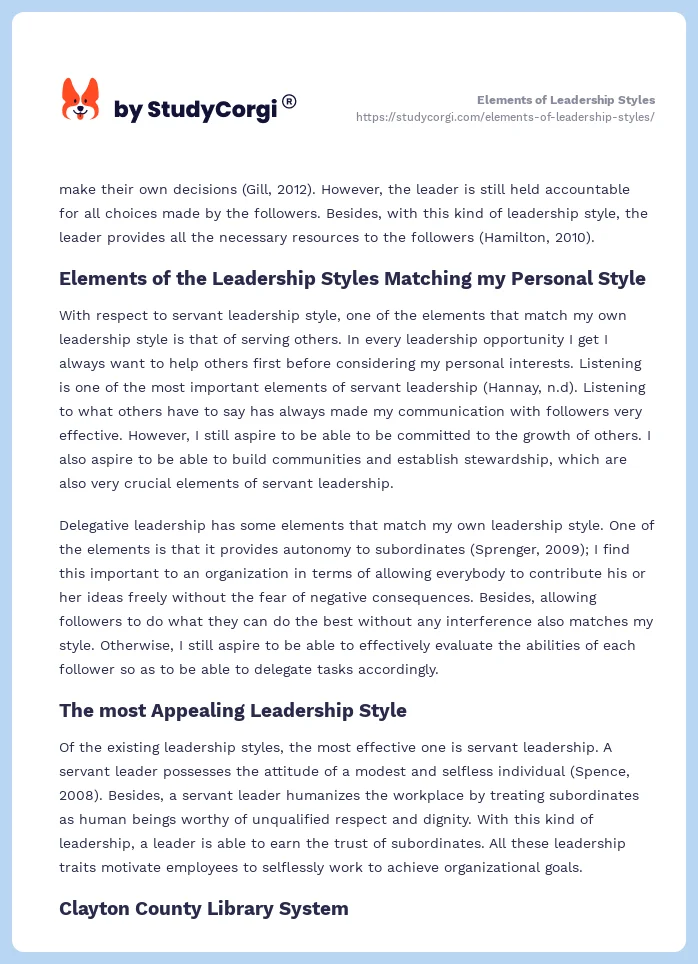 Elements of Leadership Styles. Page 2