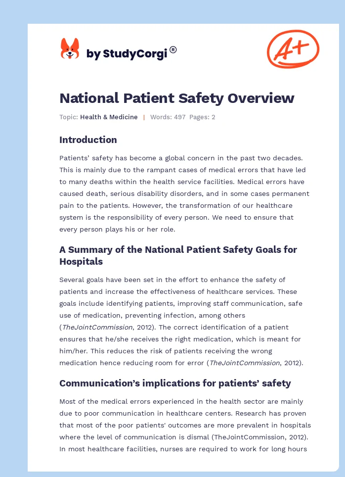National Patient Safety Overview. Page 1