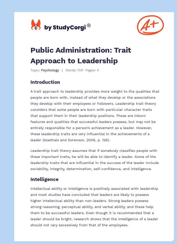 Public Administration: Trait Approach to Leadership. Page 1