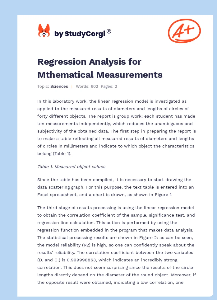 Regression Analysis for Mthematical Measurements. Page 1