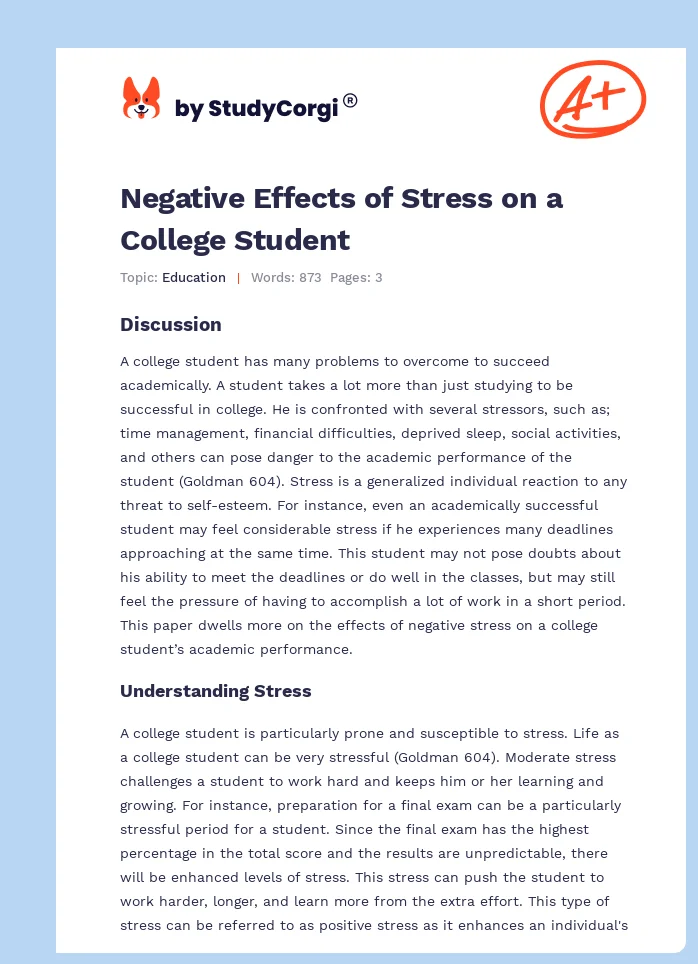Negative Effects of Stress on a College Student. Page 1