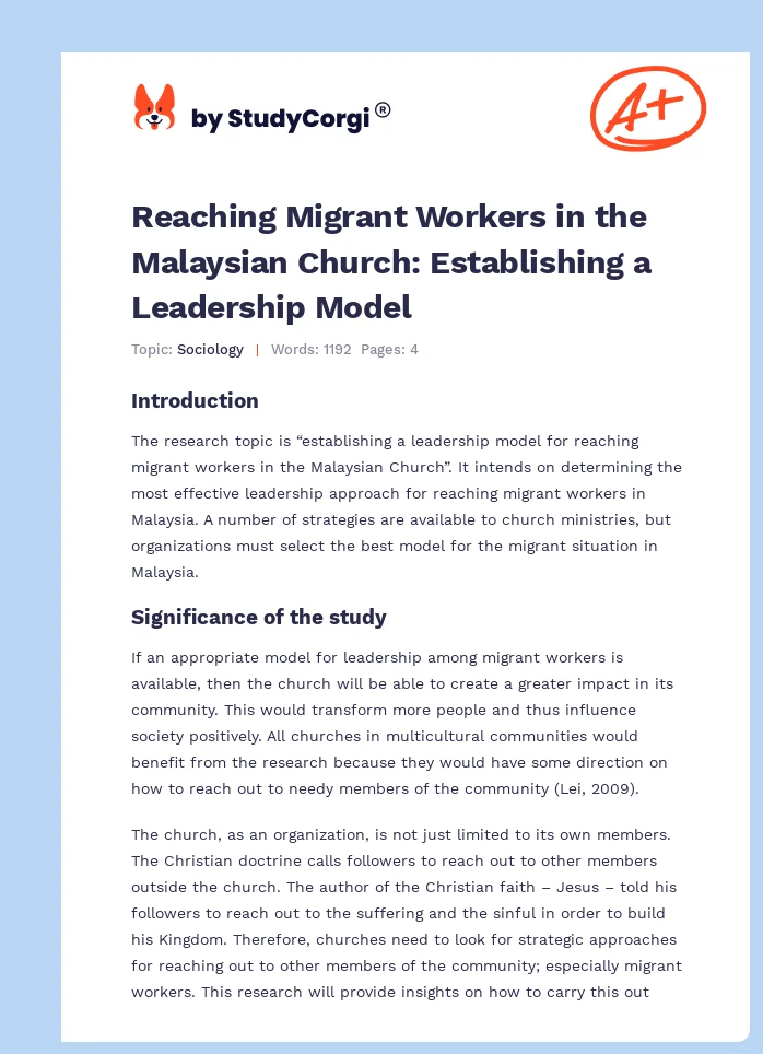 Reaching Migrant Workers in the Malaysian Church: Establishing a Leadership Model. Page 1