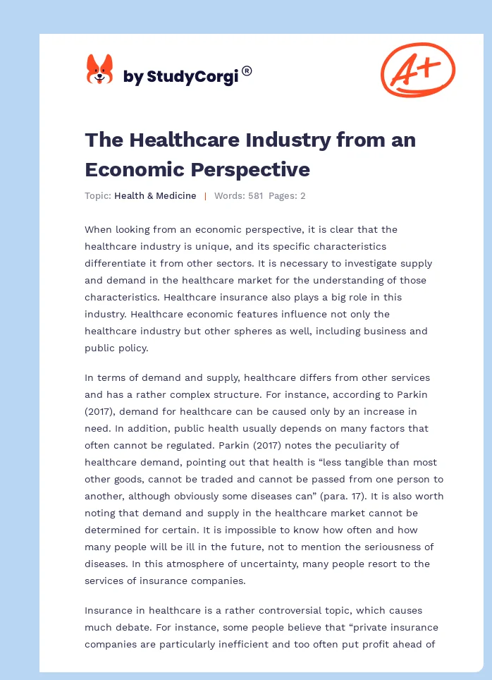 The Healthcare Industry from an Economic Perspective. Page 1