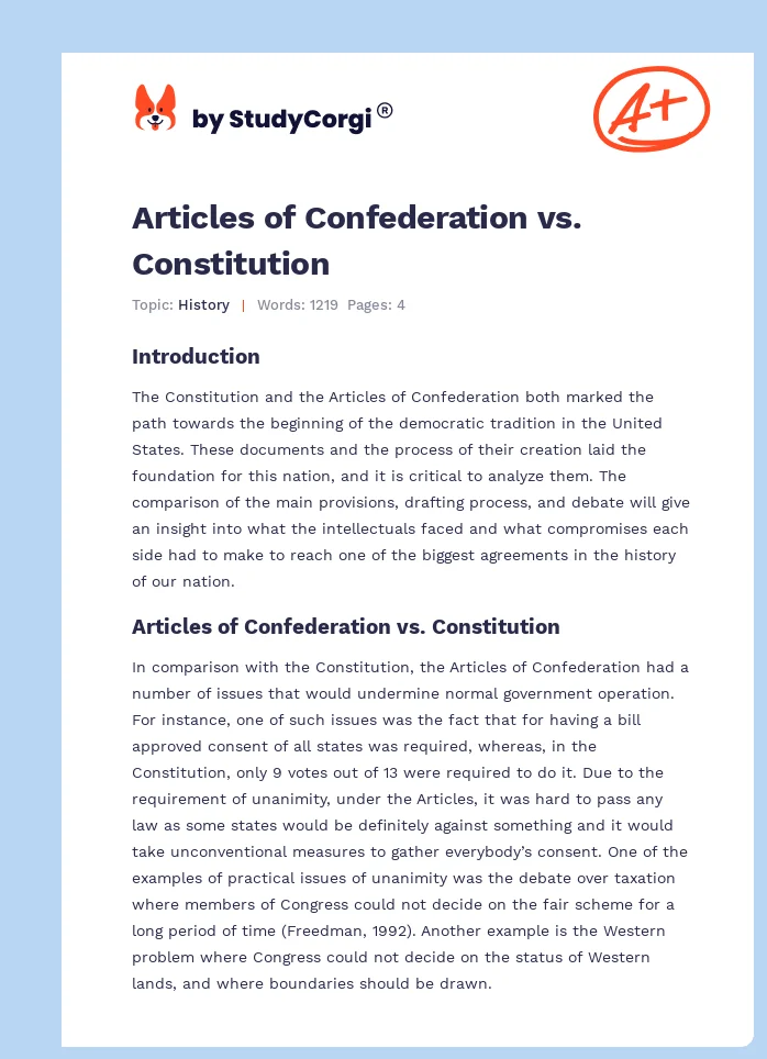 articles of confederation essay example