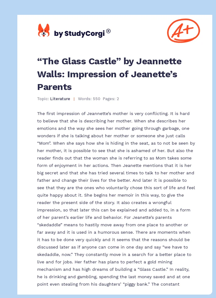 “The Glass Castle” by Jeannette Walls: Impression of Jeanette’s Parents. Page 1