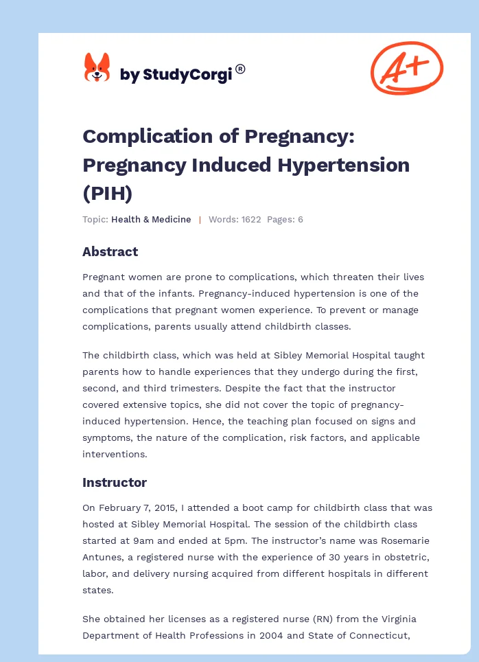 Complication of Pregnancy: Pregnancy Induced Hypertension (PIH). Page 1