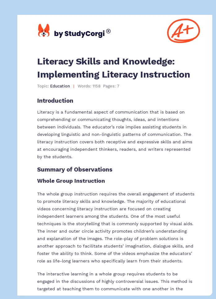 Literacy Skills and Knowledge: Implementing Literacy Instruction. Page 1