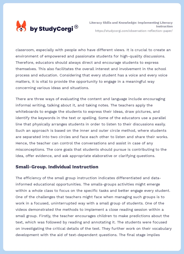 Literacy Skills and Knowledge: Implementing Literacy Instruction. Page 2