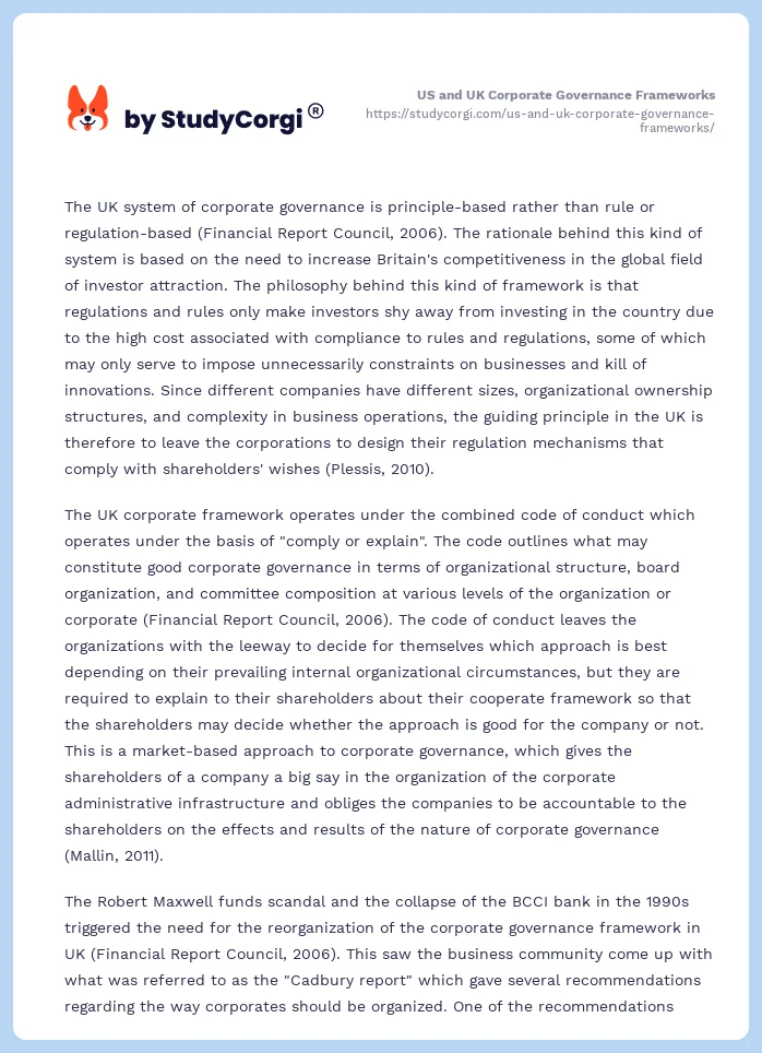 US and UK Corporate Governance Frameworks. Page 2