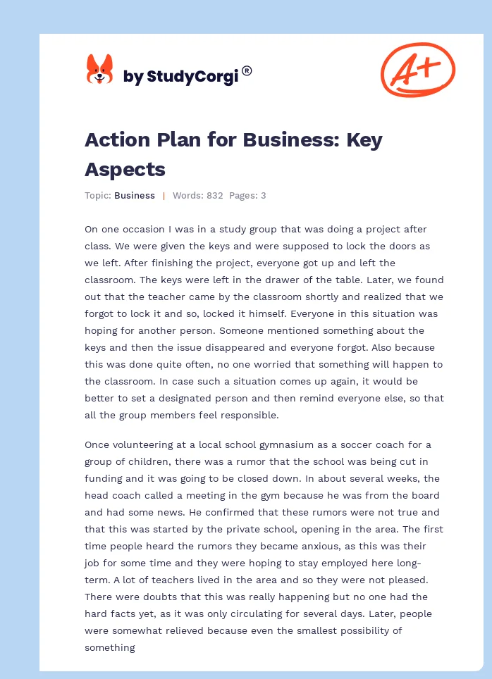 Action Plan for Business: Key Aspects. Page 1