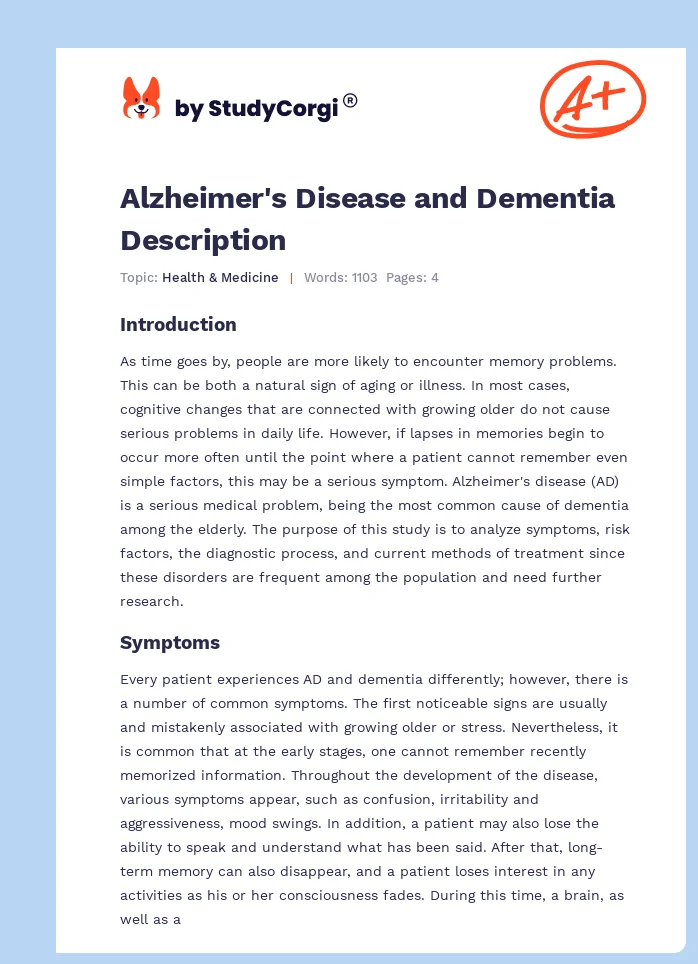 Alzheimer's Disease and Dementia Description. Page 1