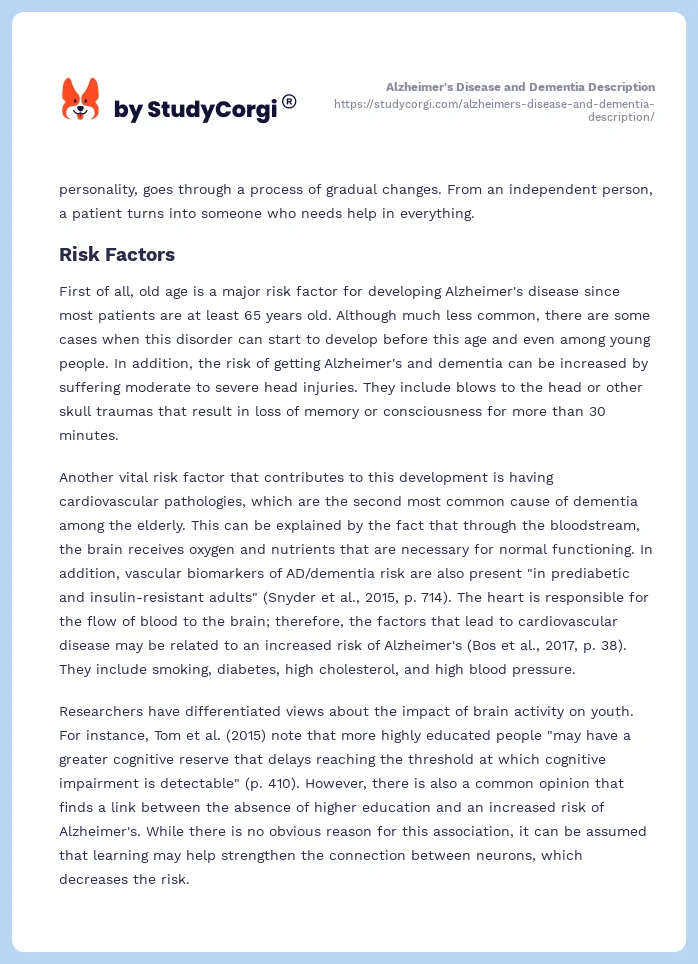 Alzheimer's Disease and Dementia Description. Page 2