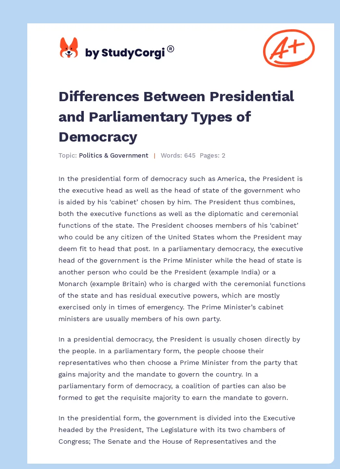 Differences Between Presidential and Parliamentary Types of Democracy. Page 1