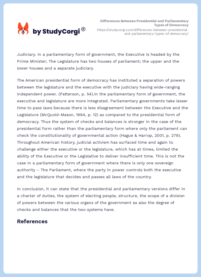 Differences Between Presidential and Parliamentary Types of Democracy. Page 2