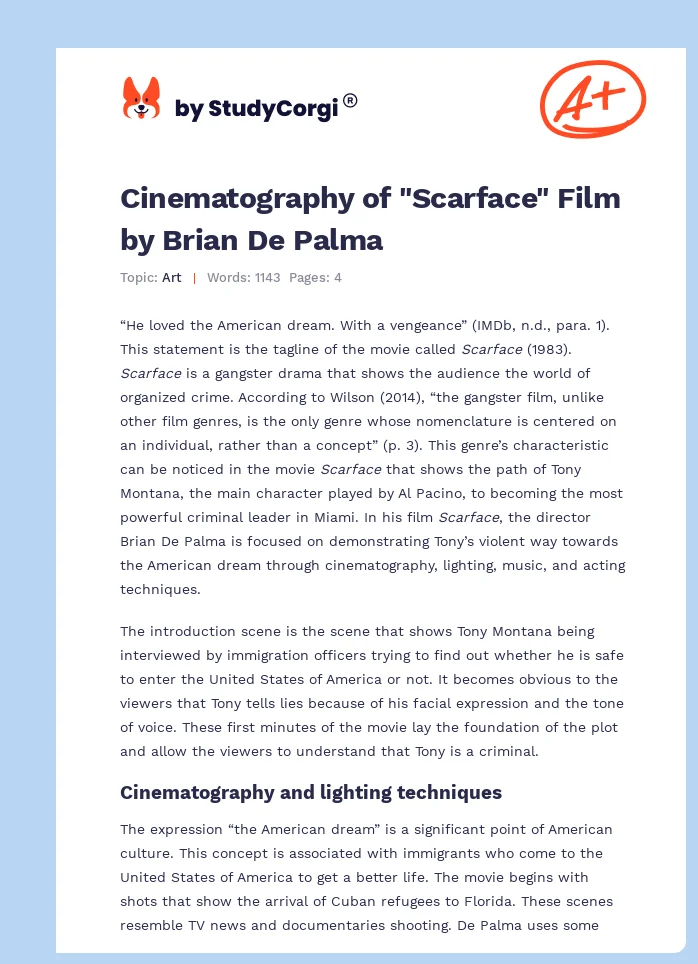 Cinematography of "Scarface" Film by Brian De Palma. Page 1