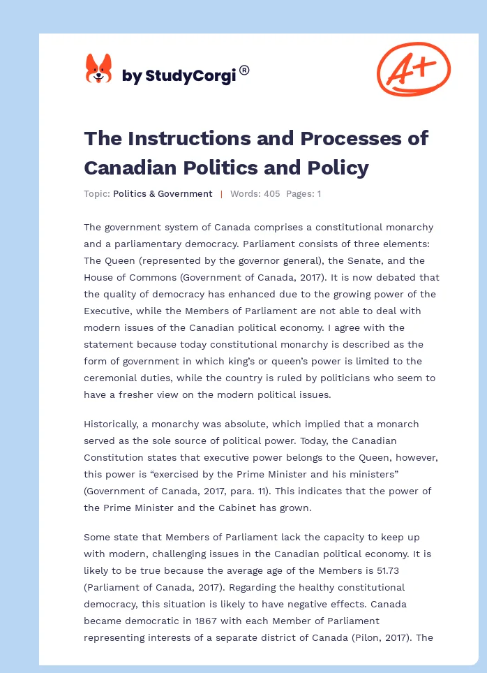 The Instructions and Processes of Canadian Politics and Policy. Page 1