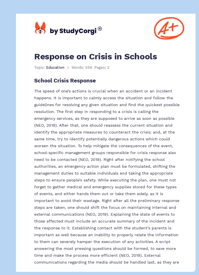 Response on Crisis in Schools. Page 1