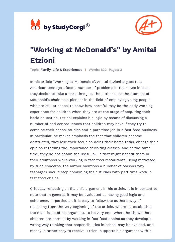 "Working at McDonald’s” by Amitai Etzioni. Page 1