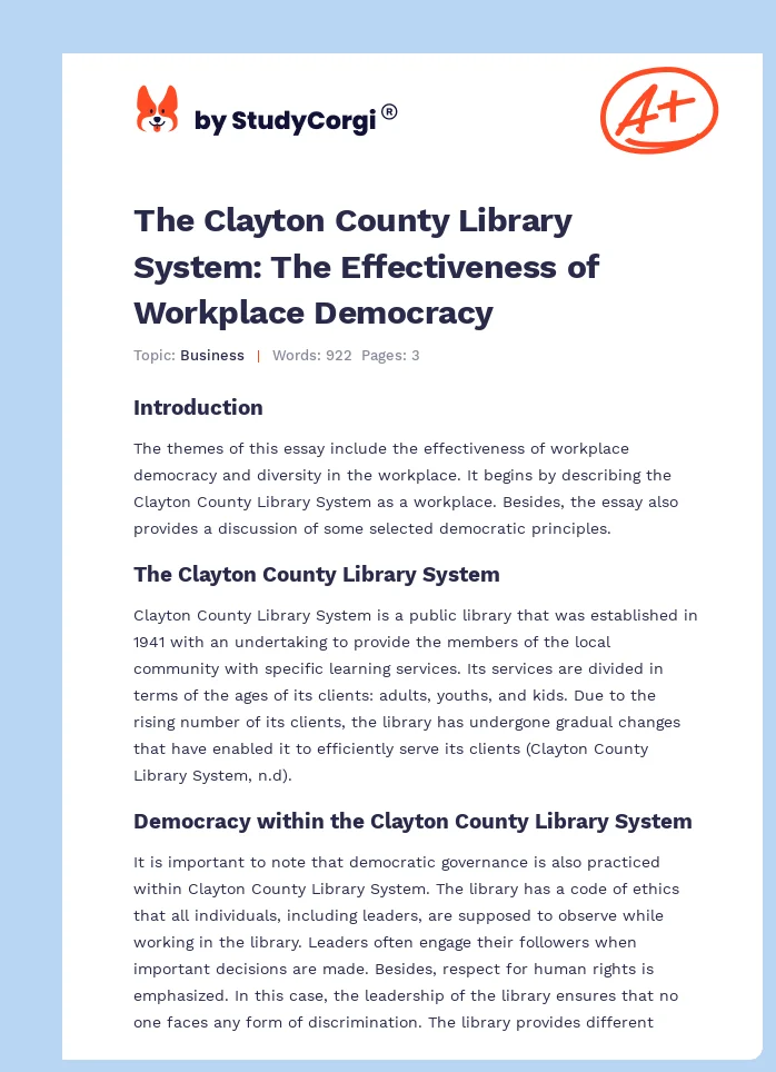 The Clayton County Library System: The Effectiveness of Workplace Democracy. Page 1