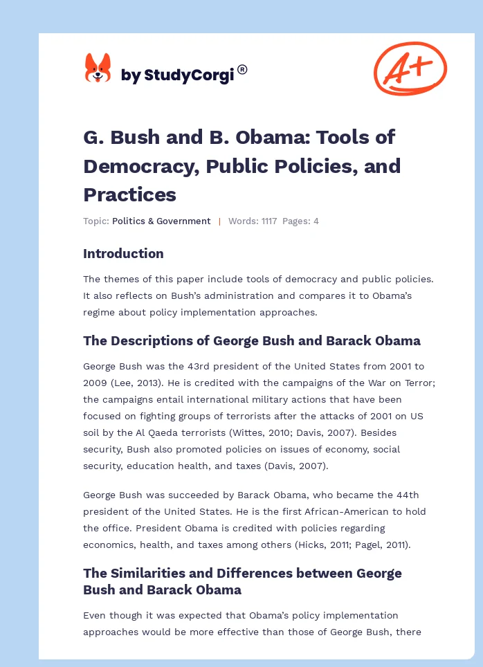 G. Bush and B. Obama: Tools of Democracy, Public Policies, and Practices. Page 1