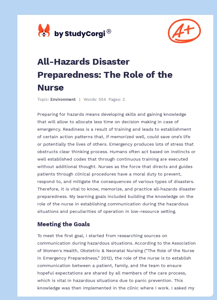 All-Hazards Disaster Preparedness: The Role of the Nurse. Page 1