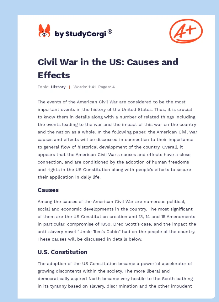 Civil War in the US: Causes and Effects. Page 1
