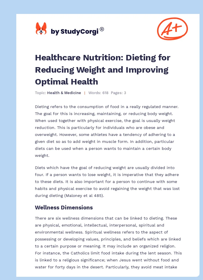 Healthcare Nutrition: Dieting for Reducing Weight and Improving Optimal Health. Page 1