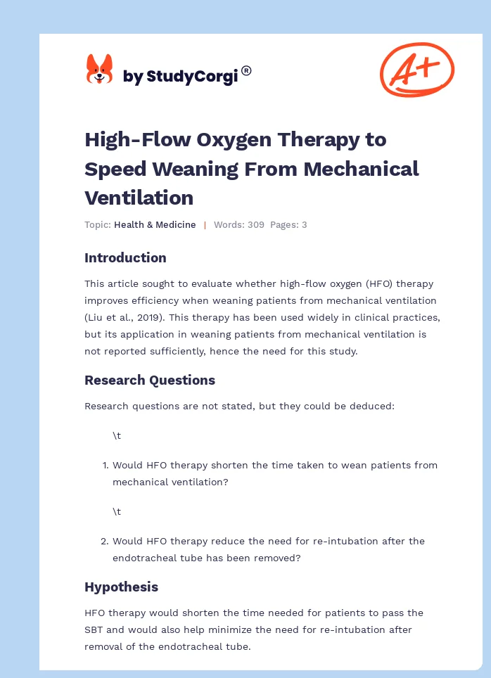 High-Flow Oxygen Therapy to Speed Weaning From Mechanical Ventilation. Page 1