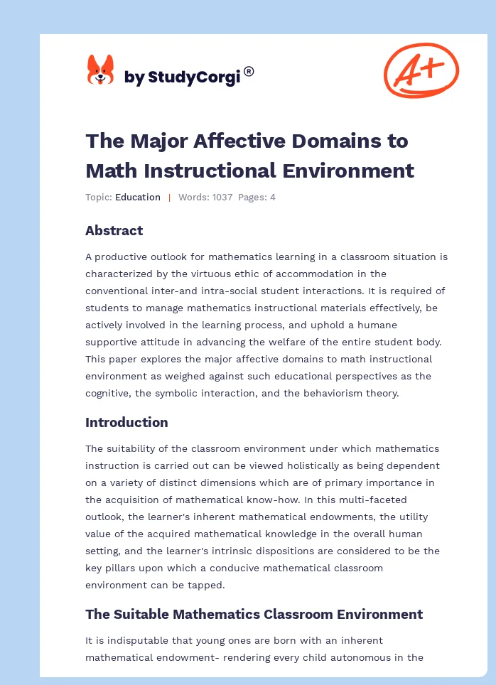 The Major Affective Domains to Math Instructional Environment. Page 1