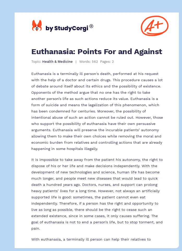 Euthanasia: Points For and Against. Page 1