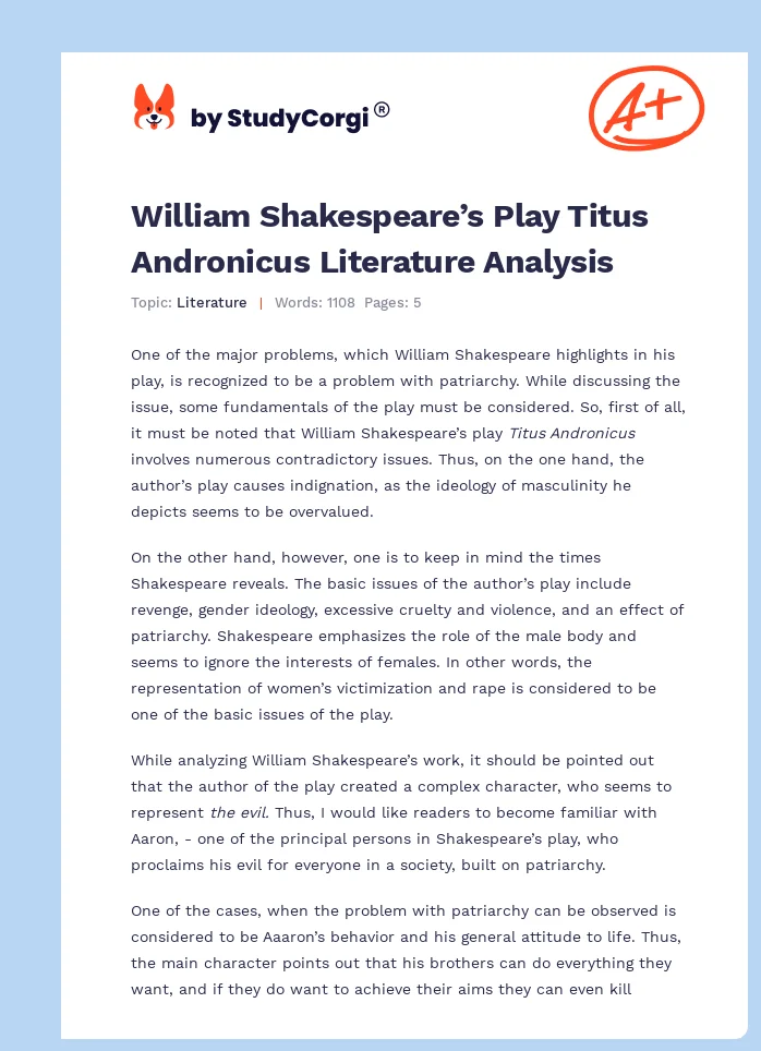 William Shakespeare’s Play Titus Andronicus Literature Analysis. Page 1