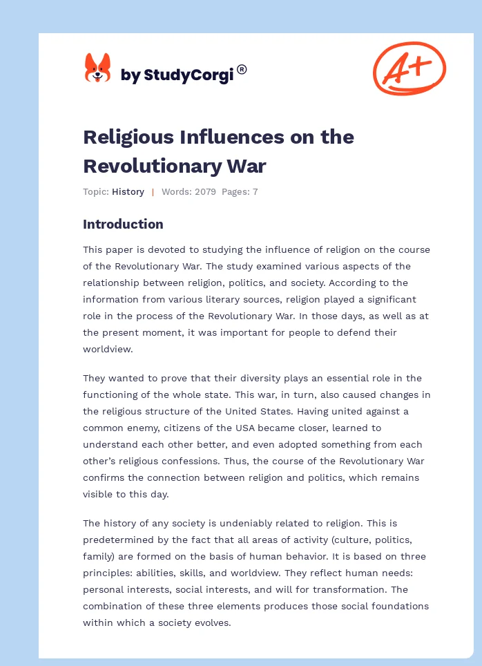 Religious Influences on the Revolutionary War. Page 1