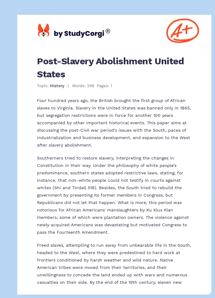 Post-Slavery Abolishment United States. Page 1