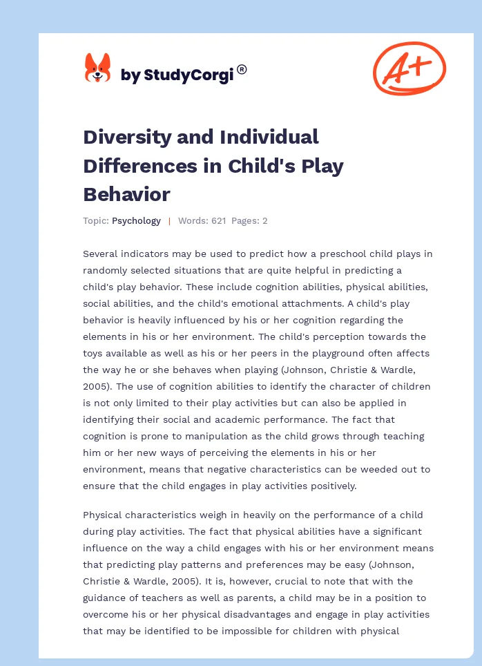 Diversity and Individual Differences in Child's Play Behavior. Page 1