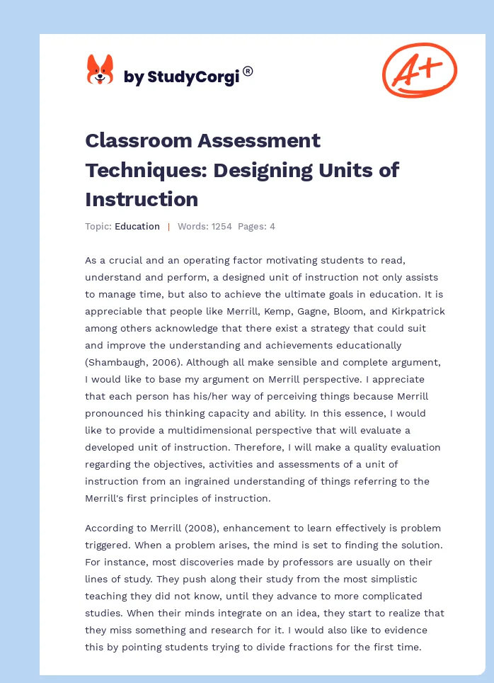 Classroom Assessment Techniques: Designing Units of Instruction. Page 1