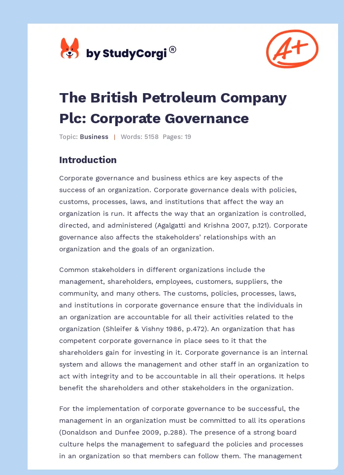 The British Petroleum Company Plc: Corporate Governance. Page 1