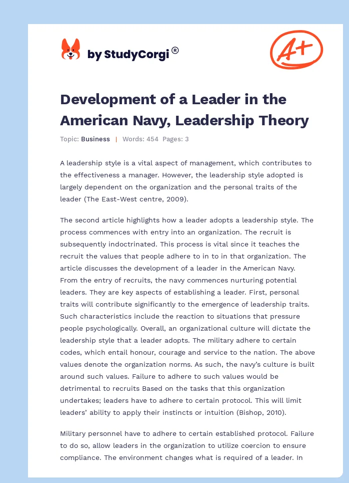 Development of a Leader in the American Navy, Leadership Theory. Page 1