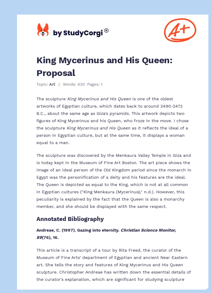 King Mycerinus and His Queen: Proposal. Page 1