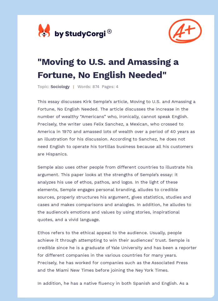 "Moving to U.S. and Amassing a Fortune, No English Needed". Page 1