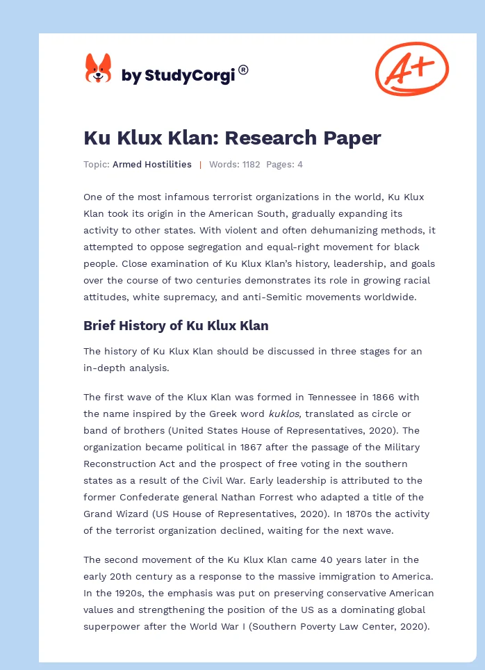 Ku Klux Klan: Research Paper. Page 1