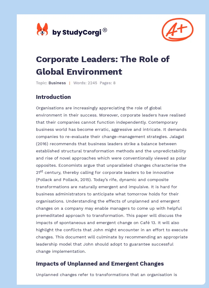 Corporate Leaders: The Role of Global Environment. Page 1